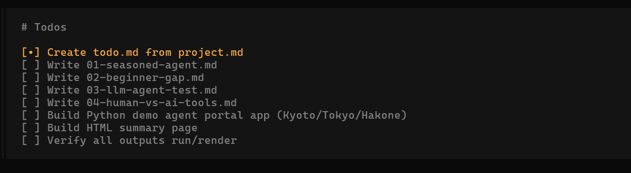 AI-generated todo list: research briefs, demo app, summary page